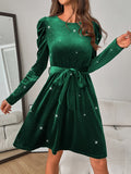 MQTIME  -  Glitter Round Neck Puff Sleeve Dress