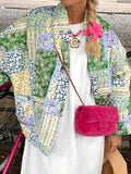 MQTIME  -  Printed Patchwork Open Front Cardigan with Pockets