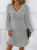 MQTIME  -  Striped V-Neck Long Sleeve Dress