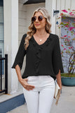 MQTIME  -  Ruffled V-Neck Three-Quarter Sleeve Blouse
