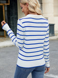 MQTIME  -  Striped Johnny Collar Long Sleeve Sweater