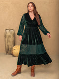 MQTIME  -  Plus Size Lace Patchwork V-Neck Balloon Sleeve Midi Dress