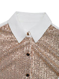 MQTIME  -  Perfee Sequin Contrast Collared Neck Long Sleeve Shirt