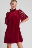 MQTIME  -  Umgee Dotted Lace Half Sleeve Mock Neck Back Tie Velvet Dress