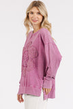 MQTIME  -   Mittoshop Flower Patch Side Slit Mineral Wash Round Neck Sweatshirt