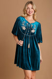 MQTIME  -  Umgee Embroidered Half Sleeve Velvet Mini Dress with Tassel