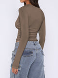 MQTIME  -  Ruched Asymmetrical Neck Long Sleeve T-Shirt