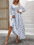 MQTIME  -  Smocked Printed V-Neck Flounce Sleeve Dress