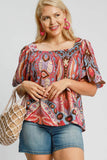 MQTIME  -  Umgee Full Size Abstract Print Smocked Square Neck Puff Sleeve Blouse