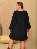 MQTIME  -  Plus Size Embroidered Tie Neck Long Sleeve Mini Dress
