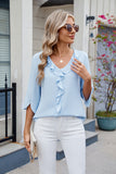 MQTIME  -  Ruffled V-Neck Three-Quarter Sleeve Blouse