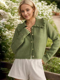 MQTIME  -  Frill Button Up Collared Neck Long Sleeve Cardigan