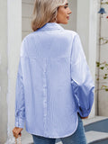 MQTIME  -  Striped Collared Neck Button Down Long Sleeve Shirt