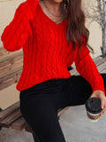 MQTIME  -   Cable-Knit V-Neck Cold Shoulder Sweater