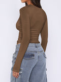 MQTIME  -  Ruched Asymmetrical Neck Long Sleeve T-Shirt