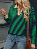 MQTIME  -  Striped Johnny Collar Long Sleeve Sweatshirt