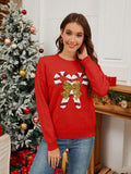 MQTIME  -  Sequin Candy Cane Round Neck Long Sleeve Sweater