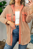 MQTIME  -  Drawstring Button Up Hooded Ribbed Shacket with Flap Pockets