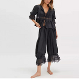 MQTIME  -  Casual Lace Patchwork Elastic Waist Trouser Women Chic High-waisted Lace-up Loose Wide-leg Ninth Pants Lady Street Trousers