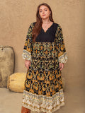 MQTIME  -  Plus Size Floral V-Neck Balloon Sleeve Midi Dress