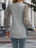 MQTIME  -  Side Slit V-Neck Lace Long Sleeve T-Shirt