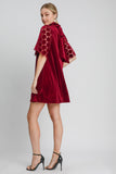 MQTIME  -  Umgee Dotted Lace Half Sleeve Mock Neck Back Tie Velvet Dress