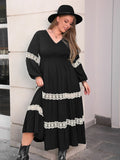 MQTIME  -  Plus Size Lace Detail V-Neck Long Sleeve Midi Dress