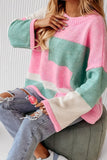 MQTIME  -  Color Block Round Neck Drop Shoulder Sweater