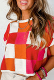 MQTIME  -  Contrast Plaid Round Neck Cap Sleeve Sweater