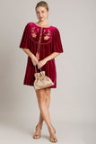 MQTIME  -  Umgee Embroidered Half Sleeve Velvet Mini Dress with Tassel