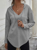 MQTIME  -  Drawstring Waffle Knit Long Sleeve Hooded Top