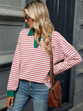 MQTIME  -  Striped Johnny Collar Long Sleeve Sweatshirt