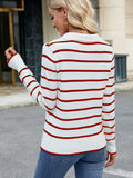 MQTIME  -  Striped Johnny Collar Long Sleeve Sweater