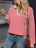 MQTIME  -  Striped Johnny Collar Long Sleeve Sweatshirt