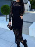 MQTIME  -  Lace Round Neck Long Sleeve Midi Dress