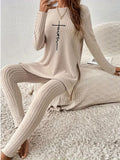 MQTIME  -  Side Slit Round Neck Long Sleeve Top and Pants Set