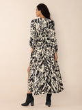 MQTIME  -  Tied Printed V-Neck Long Sleeve Midi Dress