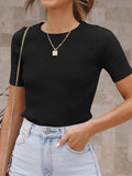 MQTIME  -   Ribbed Round Neck Short Sleeve Knit Top