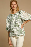 MQTIME  -  Umgee Floral Pleated Detail Lace Trim Sleeve Blouse