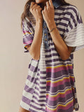 MQTIME  -  Exposed Seam Striped Half Sleeve Mini Dress