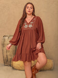 MQTIME  -  Plus Size Embroidered Tie Neck Balloon Sleeve Mini Dress