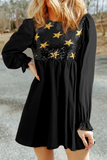 MQTIME  -  Sequin Star Round Neck Flounce Sleeve Mini Dress