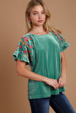 MQTIME  -  Umgee Velvet Embroidery Short Sleeve Blouse