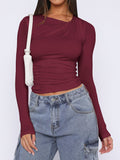 MQTIME  -  Ruched Asymmetrical Neck Long Sleeve T-Shirt