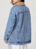 MQTIME  -  Button Up Collared Neck Plush Denim Jacket