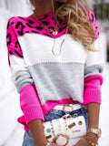 MQTIME  -  Leopard Color Block Round Neck Long Sleeve Sweater