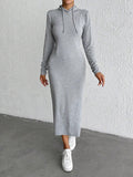 MQTIME  -  Drawstring Long Sleeve Hooded Midi Dress