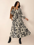 MQTIME  -  Tied Printed V-Neck Long Sleeve Midi Dress