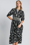 MQTIME  -  Umgee Bow Tie Print Notched Contrast Velvet Trim Midi Dress