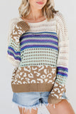 MQTIME  -  Leopard Striped Round Neck Crochet Knit Top